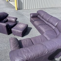 Ravens Purple 3 Piece Genuine Leather Sectional Couch w/ Chair & Ottoman