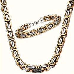 2pcs/set (Necklace + Bangle) Stainless Steel Golden Plated Jewelry, 6mm Cool Chain  Necklace And Bracelet Set