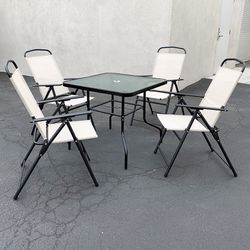 (New) $100 Patio 5 Piece Dining Set (32x32” Table and 4pc Folding Chairs) 