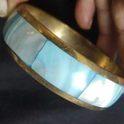 Btg Mother Of Pearl Tiled & Brass Bangle/Bracelet 2.75" Diameter Blue Green 