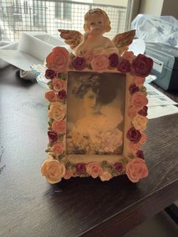 Vintage Angel and hand painted floral frame