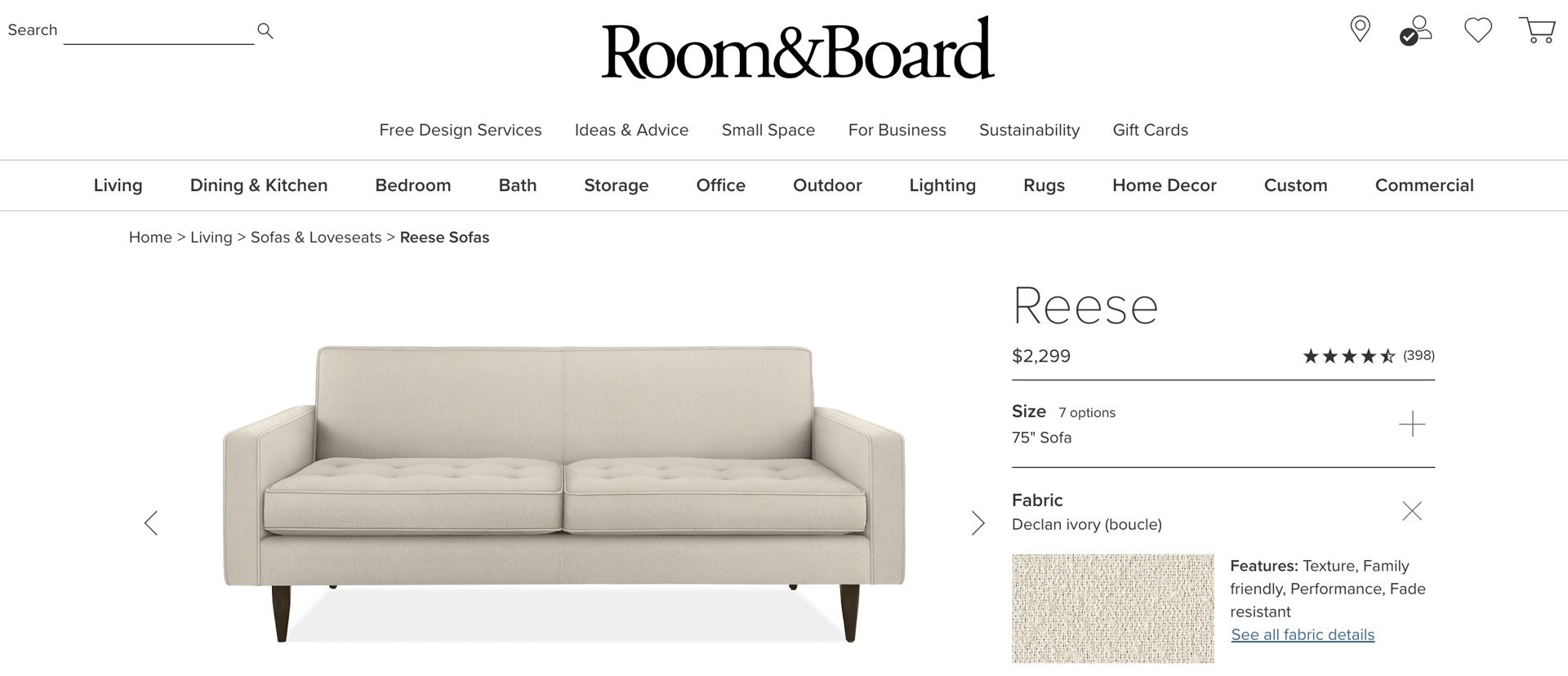 Room & Board Reese Sofa 75" Couch Ivory White Boucle Premium Fabric Modern LIKE NEW Made in USA