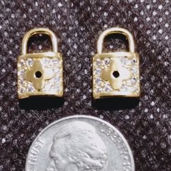 2 Lil Gold Toned  Lock Charms W/ Cz Diamonds 