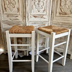 2 White Wicker Cane Rattan Bar Stools