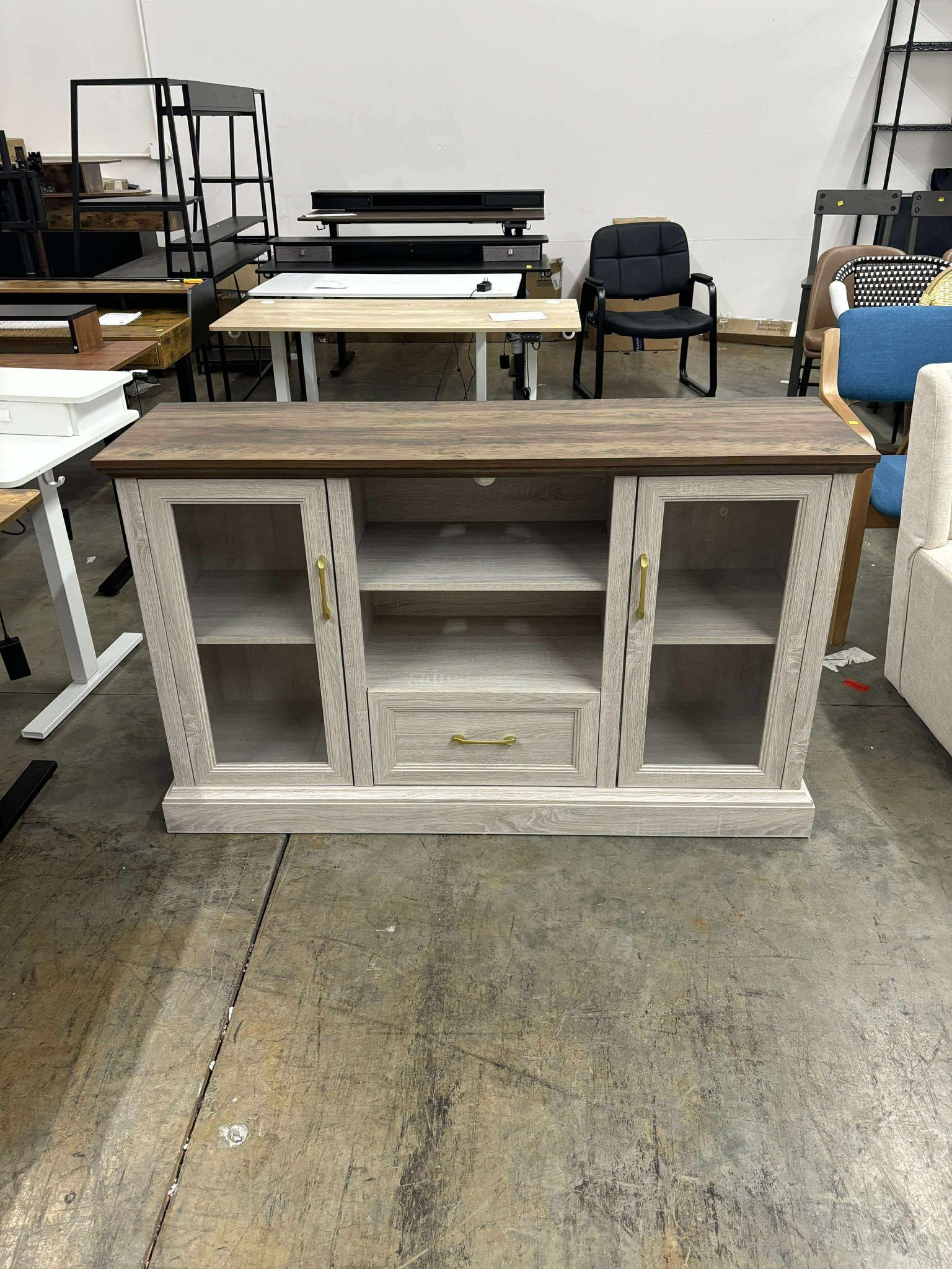 Farmhouse TV Stand, 34" Tall Entertainment Center with Glass Doors & Adjustable Shelves