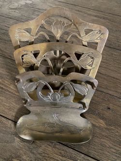 Antique German Art Nouveau Brass Letter Rack Mail Holder Water Lily DRGM Stamped