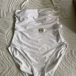 Michael Michael Kors Size 10 White Strapless Belted Logo One Piece Swimsuit