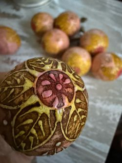 Vintage Hand Painted Wood Ball Shaped Ceramic Drawer Knobs / Pulls - Set of 9 Hand-painted wood drawer knobs with a raised floral and leaf design. T