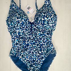 Blue Rod Beattie Women’s One Piece Bathing Suit Blue Leopard Print Size 10 