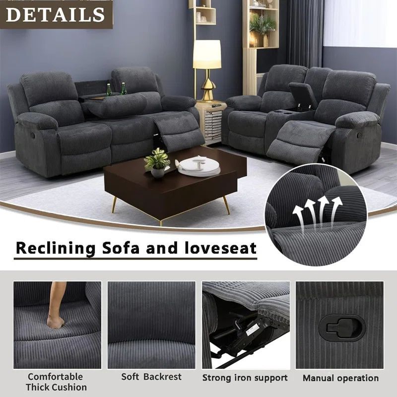 3-Piece Manual Reclining Living Room Sofa Set (Set of 3)