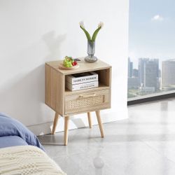 Rattan Nightstand with Power Outlet & USB Ports,