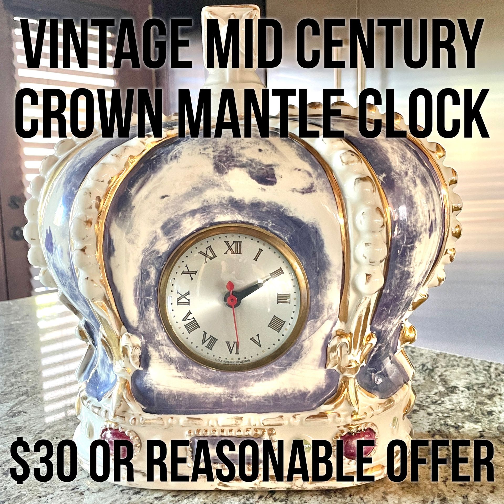 Mid Century Vintage Porcelain Crown Clock w/ Working Sessions Electric Movement