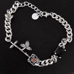 925 sterling silver women's lady's girl's Floral charm chain bracelet gift.