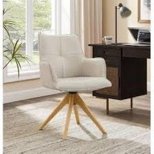 NEW IN BOX : Off White REAL Leather & Oak Mid-Century Modern Swivel Office/Accent Chair – Off-White Leather & Oak Wood Legs