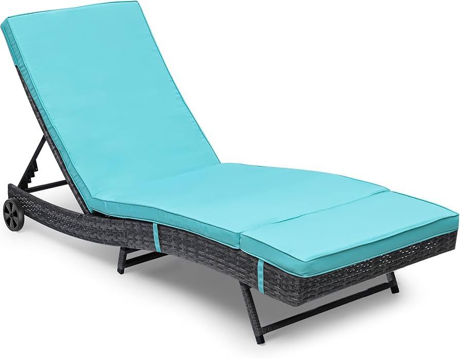 Wicker Chaise Lounge Outdoor PE Rattan Pool Lounge Chair with Adjustable Backrest and Removable Cushion & Wheels for Poolside Deck Balcony Lawn