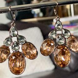 Vintage Signed Givenchy's 4G's logo GIVENCHY Plated  Amber Crystal Dangle Drop Pierced Earrings  in Excellent Condition 