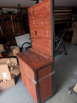 Solid Wood Display Cart / Bar Cart on Heavy-Duty Casters - 2 Available 

72" H × 32" W × 18" D

Handsome industrial-style solid wood cart with a rich 