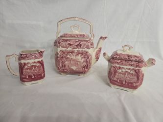 Vintage 1920s Mason’s Patent Ironstone "Vista" 3-Piece Tea Set – Pink/Red