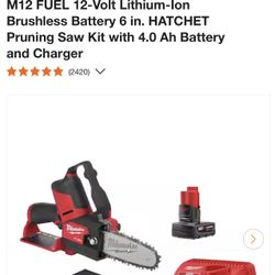 - [ ] M12 FUEL 12-Volt Lithium-Ion Brushless Battery 6 in. HATCHET  