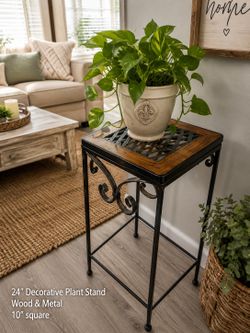 🌿 Rustic Wood & Metal Plant Stand | Farmhouse Accent Table | 24” Tall