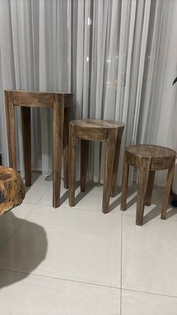 Set of 3 rustic washed wood stools
