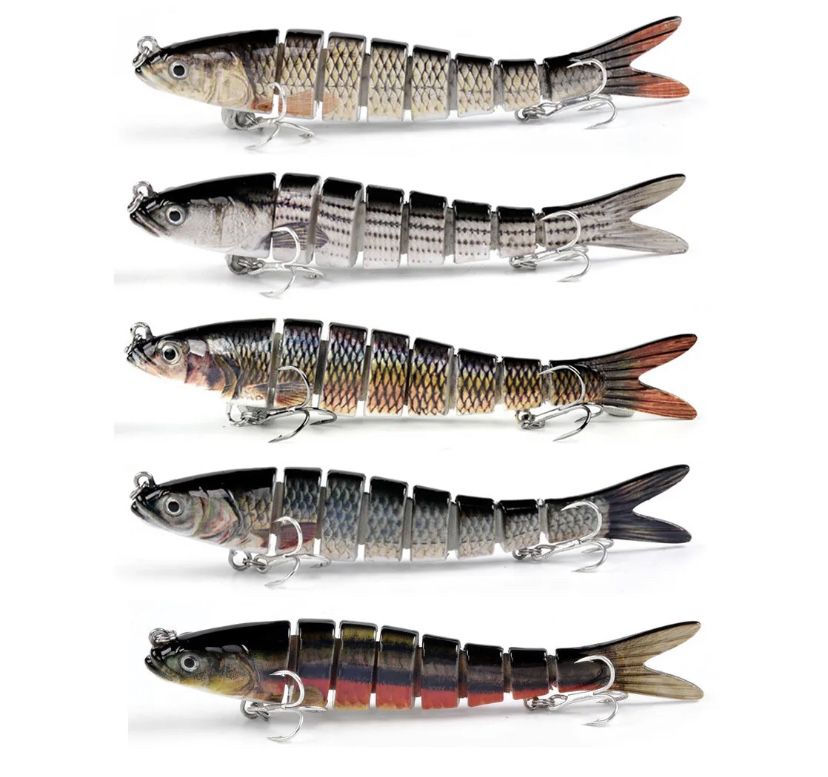 5 Pack 5.5 inch Fishing Lure 8-Segments Fish Bass Minnow Swimbait Tackle Lure Crank Bait