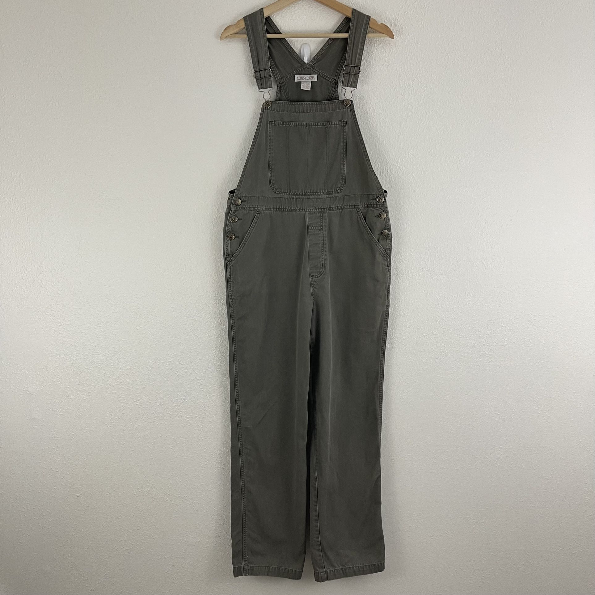 CHEROKEE Vintage Y2K Khaki Olive Green Denim Utility Straight Leg Bib Overalls