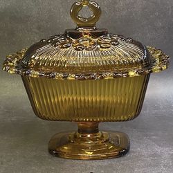 This post is for (C). Vintage Ornate Indiana Glass Filigree Lace Edge Footed Candy Dish & Lid  golden amber glass Ribbed rectangular pedestal  1950s. 