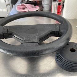 Decent usable vintage Telefles Marine 3 spoke steering wheel. Nice grip, in decent shape, some wear from being exposed to the element but in exceptabl