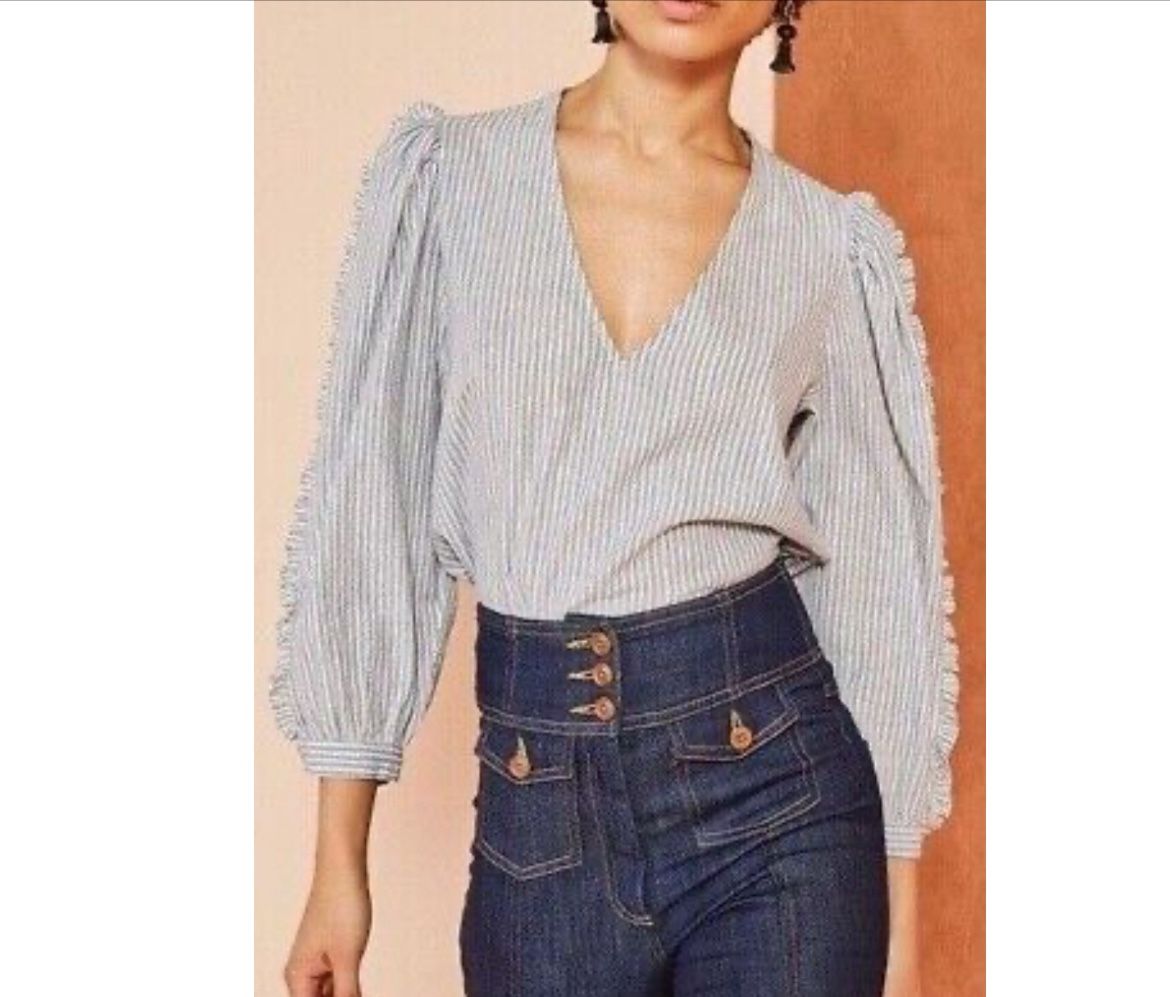 Ulla Johnson Julie gold blue metallic pinstriped v neck puff sleeve blouse 2