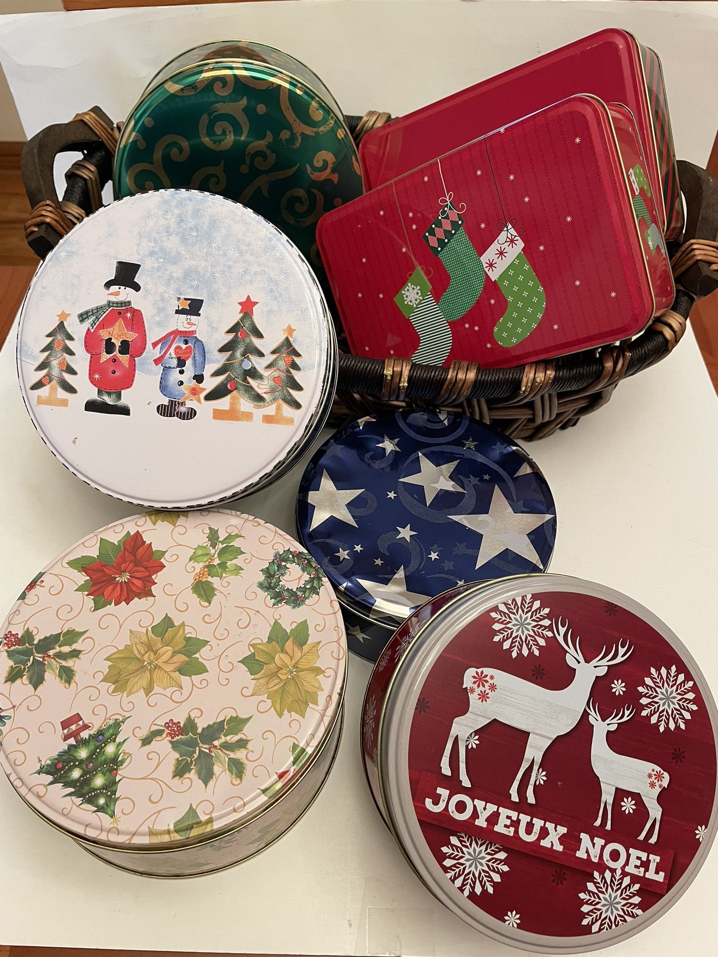 Lot of 7 Festive Tin Containers; Various Sizes & Colors