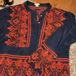 J Crew Collection navy and orange silk tunic blouse in S