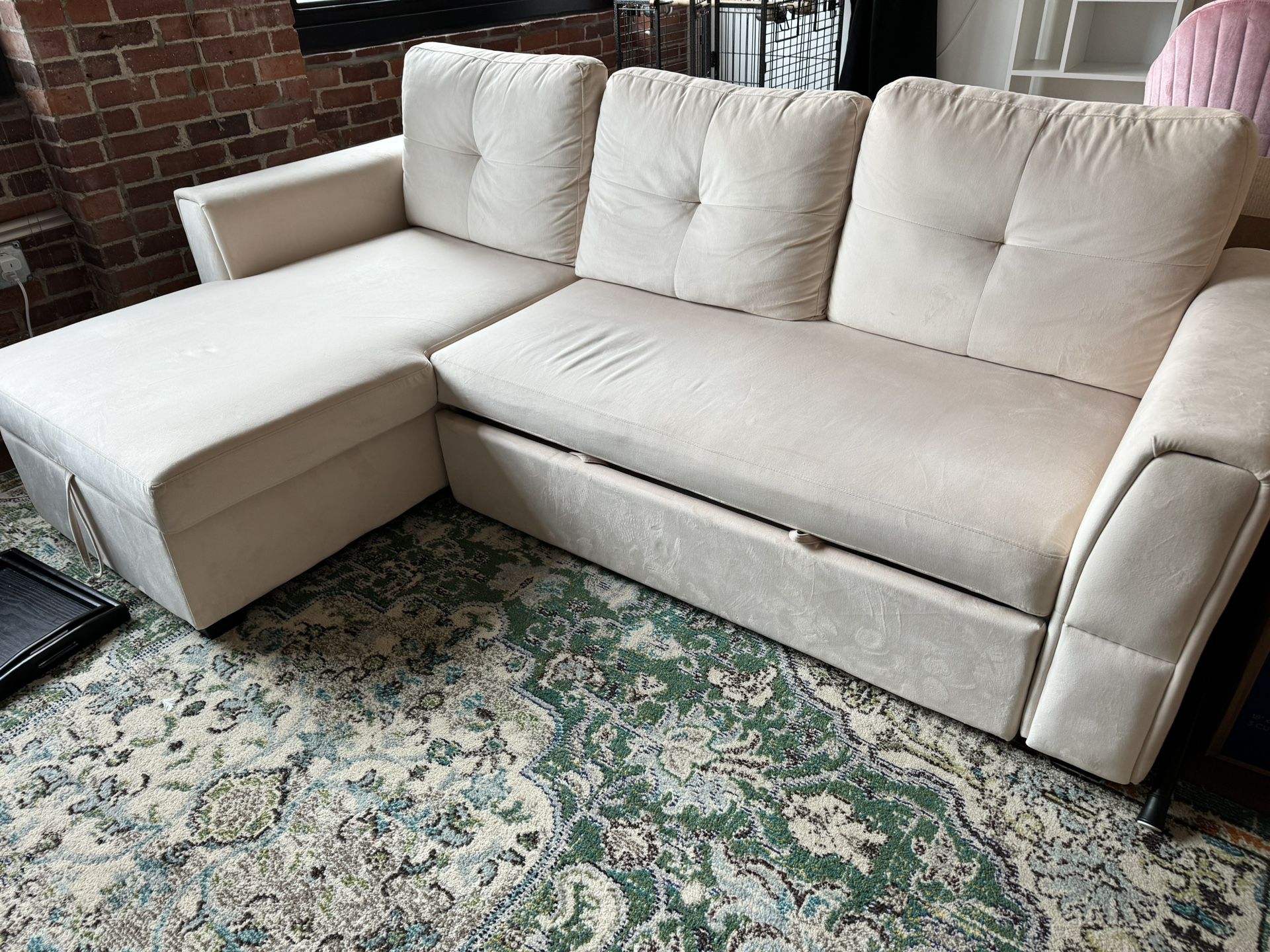 Cream Sleeper Sectional Couch With Storage
