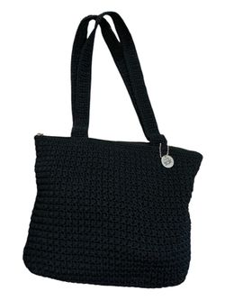 The Sak Vintage Black Tight-Knit Crochet Shoulder Bag Tote with Silver Logo Charm