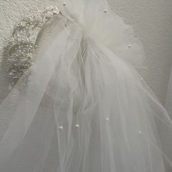 Beaded And Pearl White Wedding Veil