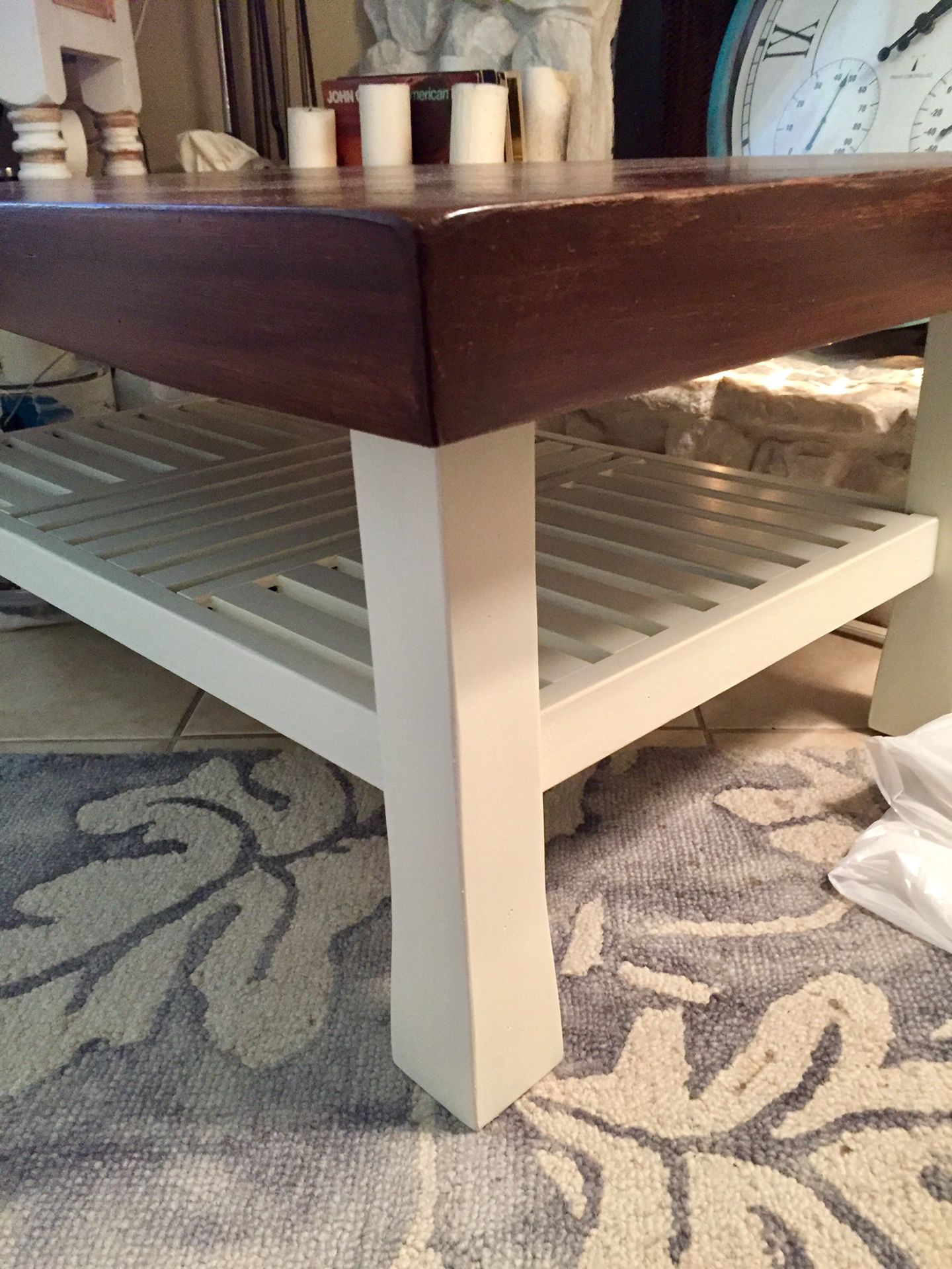 White and wood , Heavy, very sturdy, Solid wood coffee table. Freshly painted/stain wOld Masters/ protected for durability