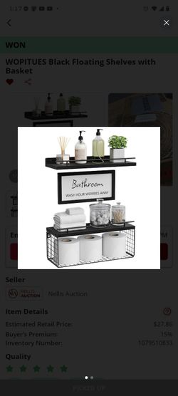 WOPITUES Black Floating Shelves with Basket and bathroom sign