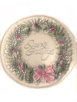 Holiday Season’s Greetings Glass Crystal Etched Serving Plate/Tray