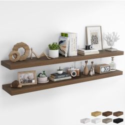Set Of 2 - 72Inch Floating Shelves for Wall Shelves for Bedroom|Kitchen|Bathroom Wall Mounted Rustic Wood Floating Shelf with Invisible Brackets for B