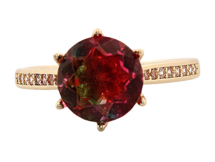 Round Watermelon Tourmaline & Topaz Rose Gold Ring, Size 6 127