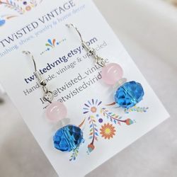 Handmade Glass Beads Dainty Dangle Earrings Pale Pink, Frosted White, Aqua Blue