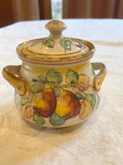 Title Old Italian hand painted jar with lid