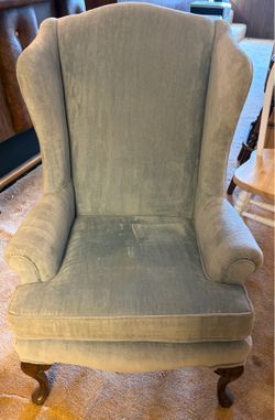 Vintage Queen Anne Wingback Chair – Light Blue Velvet