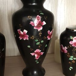 Vases- 3- antique w/ gold, hand painted. Price is for set of 2 small & 1 large.