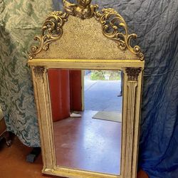Antique-Style French Louis XV Inspired Giltwood Hanging Mirror w/ Cherub 62”x34”