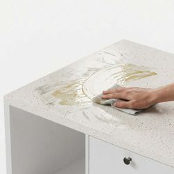White Kitchen Island With Storage, Stationary Island Table With Painted Stone Countertop, Trach Can Storage