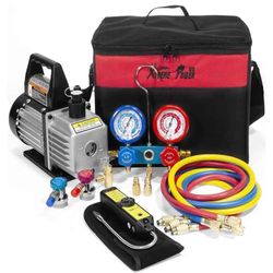 Premium 4CFM Air Vacuum Pump HVAC A/C Refrigeration Kit AC Manifold Gauge Case Set R134a Tap w/Leak Detector and Carrying Tote