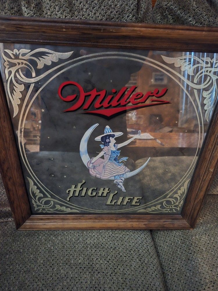 Framed 1980s Miller High Life Mirrored Sign 
