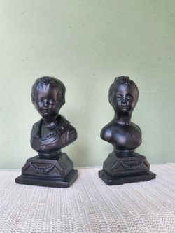 Victorian children boy and girl chalkware bust sculptures