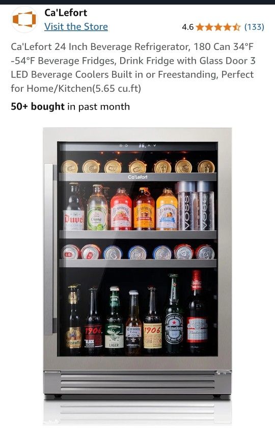 24 Inch Beverage Refrigerator, 180 Can 34°F -54°F Beverage Fridges, Drink Fridge with Glass Door 3 LED Beverage Coolers Built in or Freestanding, Perf